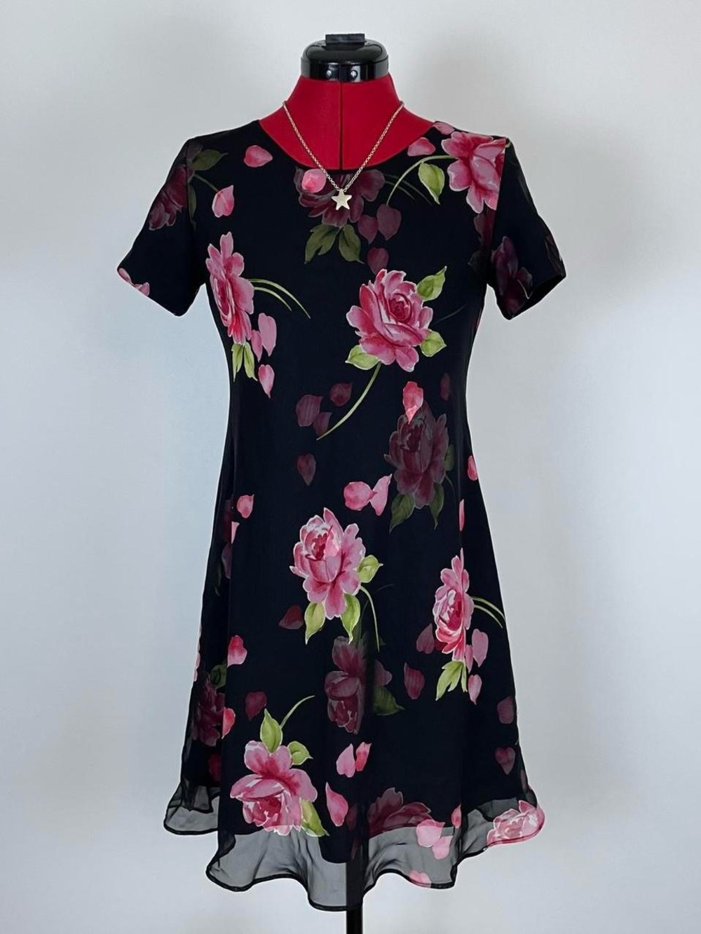 Vintage 90s Black Floral Sheer Overlay Dress